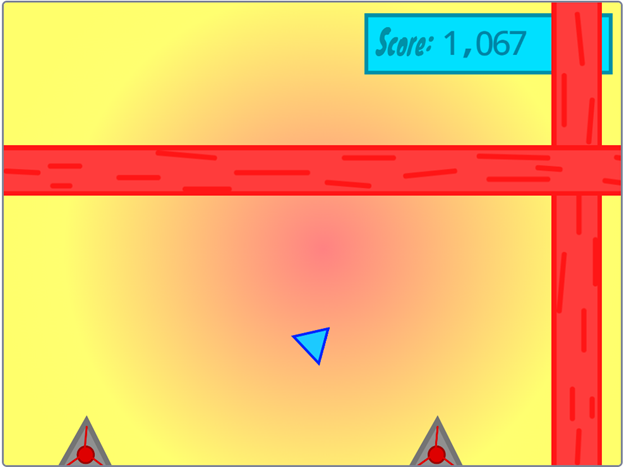 A blue triangle dodging red lasers on a yellow background, with two grey triangles on the bottom of the screen that are pointing upwards.